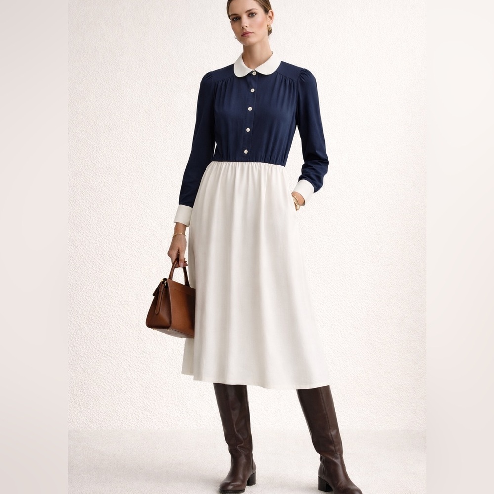 Vintage ILGWU Union Made Navy White Collar Midi Dress Equestrian Preppy USA